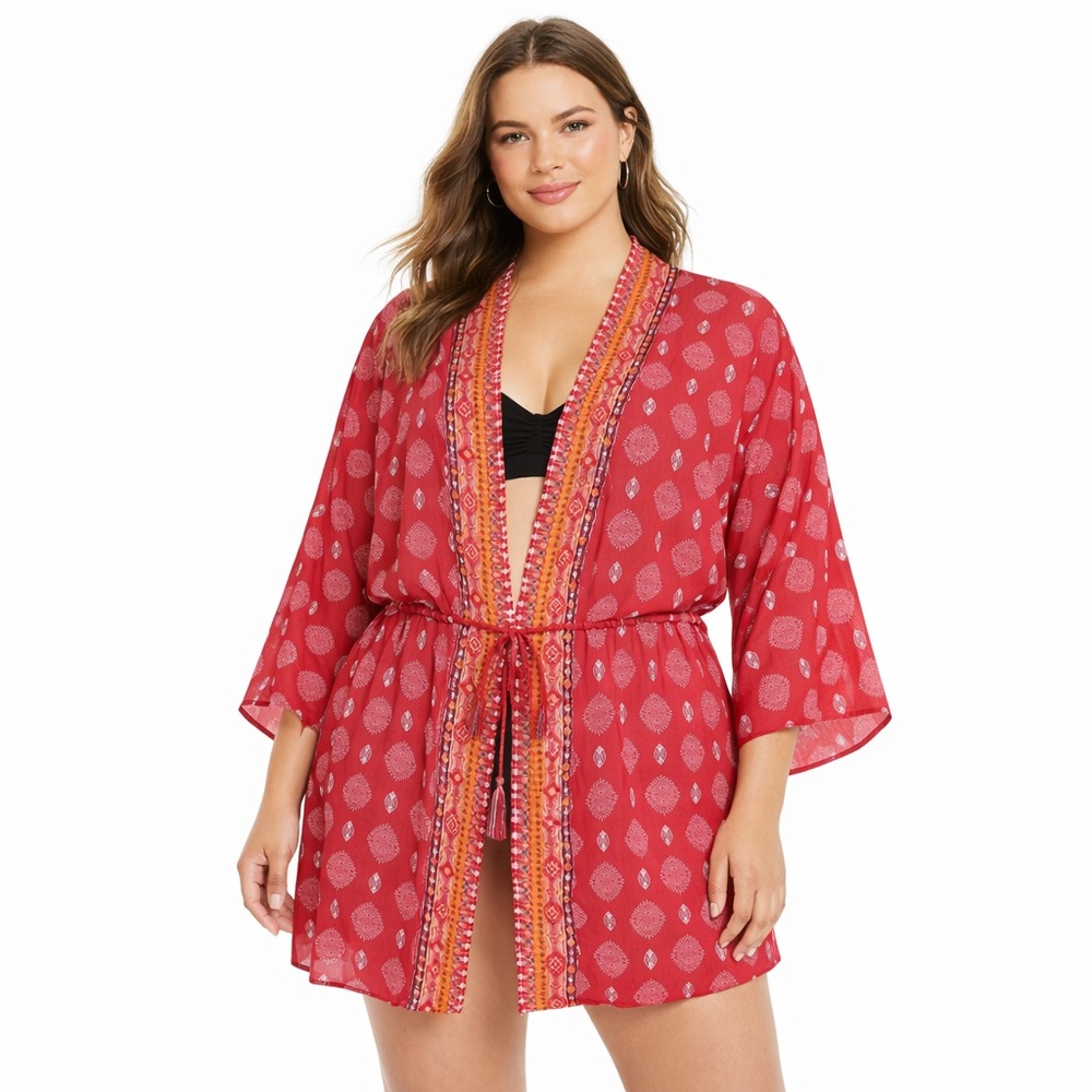 Xhilaration Red Boho Kimono Cover-Up Cardigan Size 1X XL